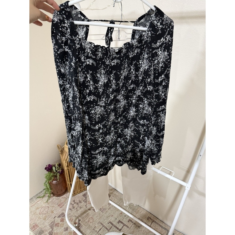 Sonoma Maternity Black Floral Smocked Square Neck Tie Back Peasant Top XXL